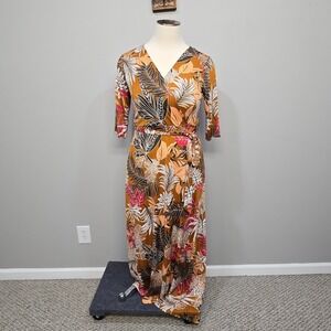 Plus Size Boho Maxi Dress 2X Brown Tropical Faux Wrap Jersey Knit Office Resort